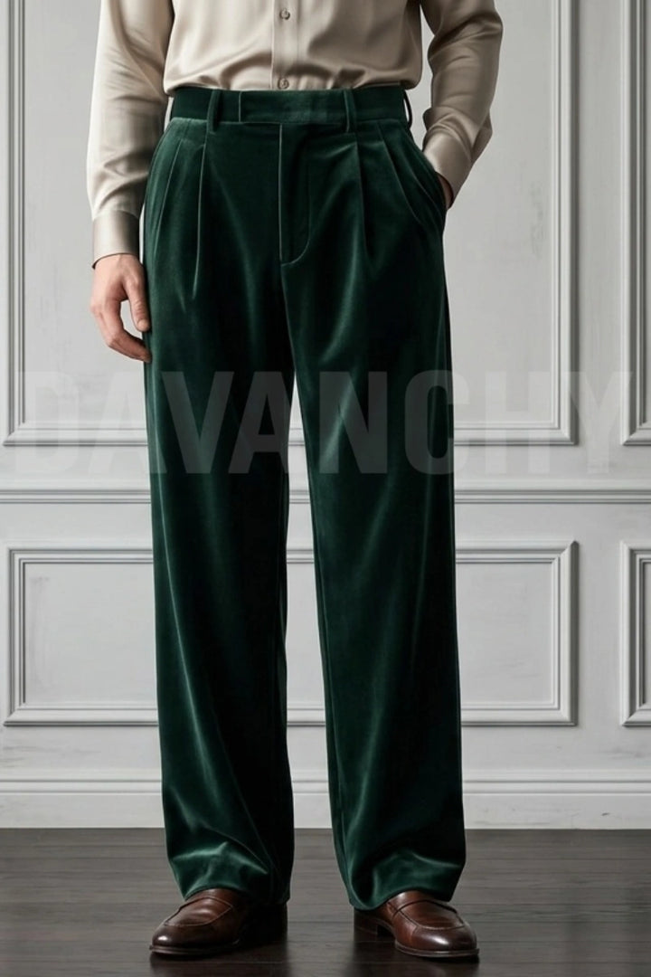Men Emerald Green Pleated Trouser-Front