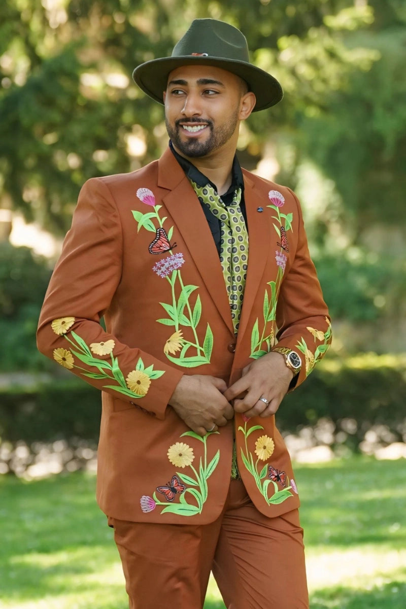 Mens vintage embroidered rust blazer with floral pattern-Front