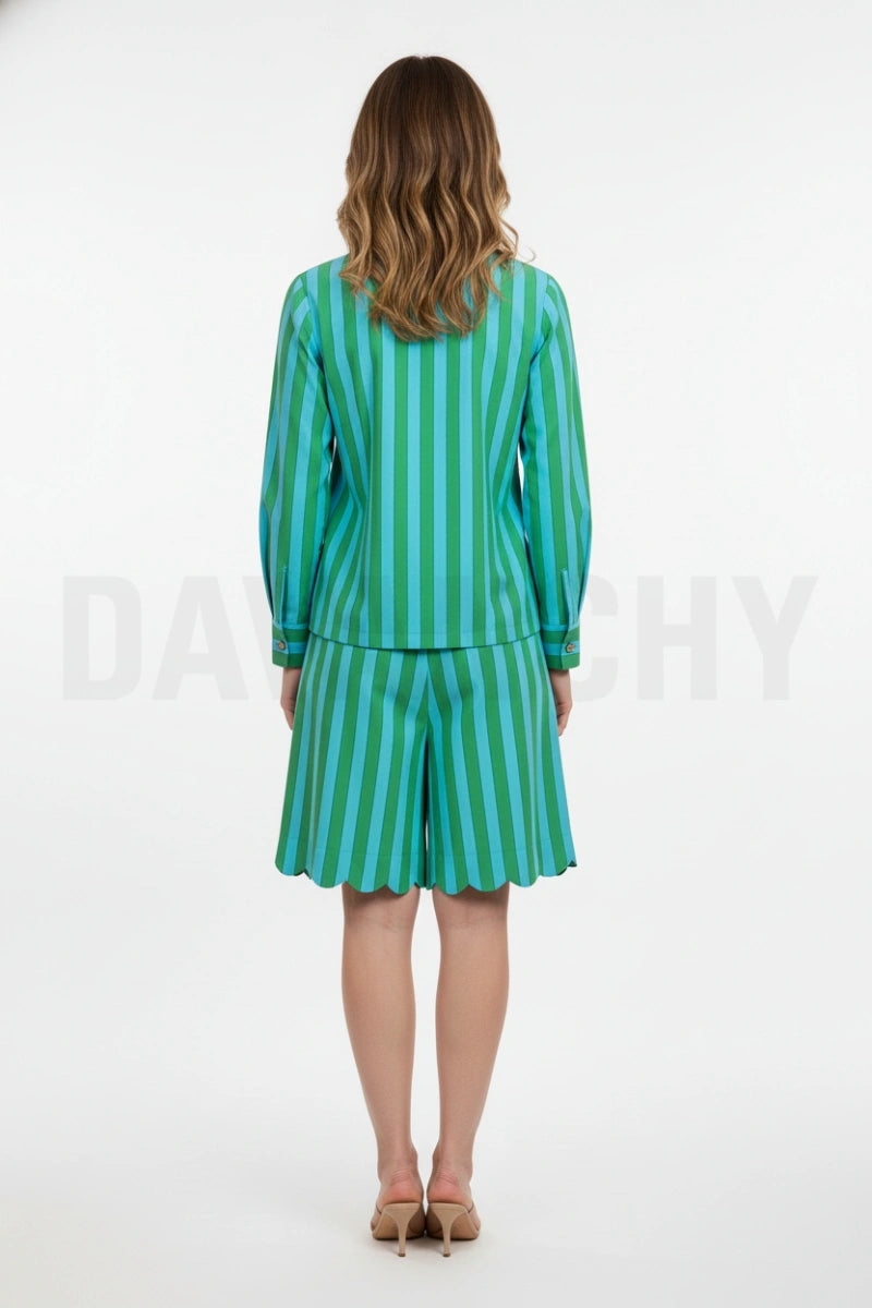 Women Scalloped Hem Shorts and Striped Shirt Set-Back