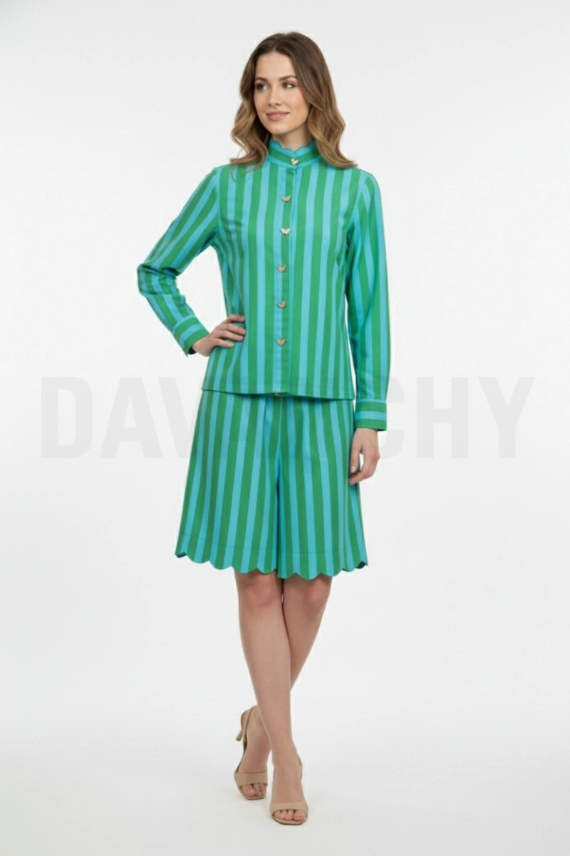 Stylish Green and Blue Vertical Stripes Co-ord Set-Front