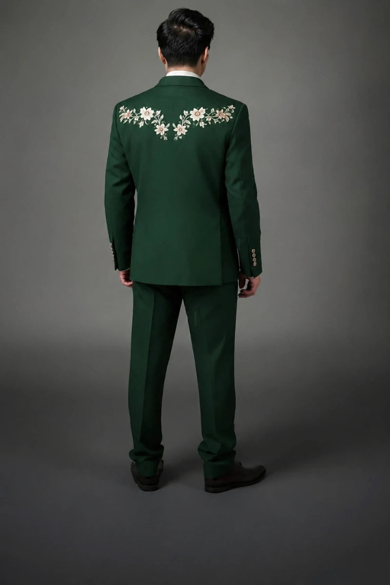 Designer green retro suit with embroidery-Back