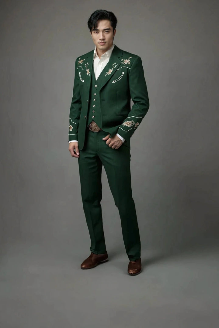 Mens green vintage three-piece suit-Front