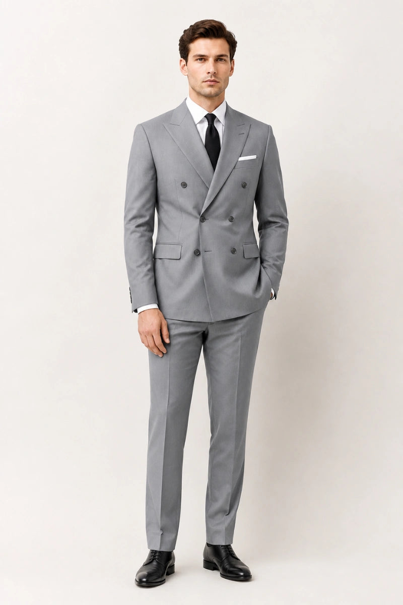 Mens grey double-breasted suit with peak lapel-Front