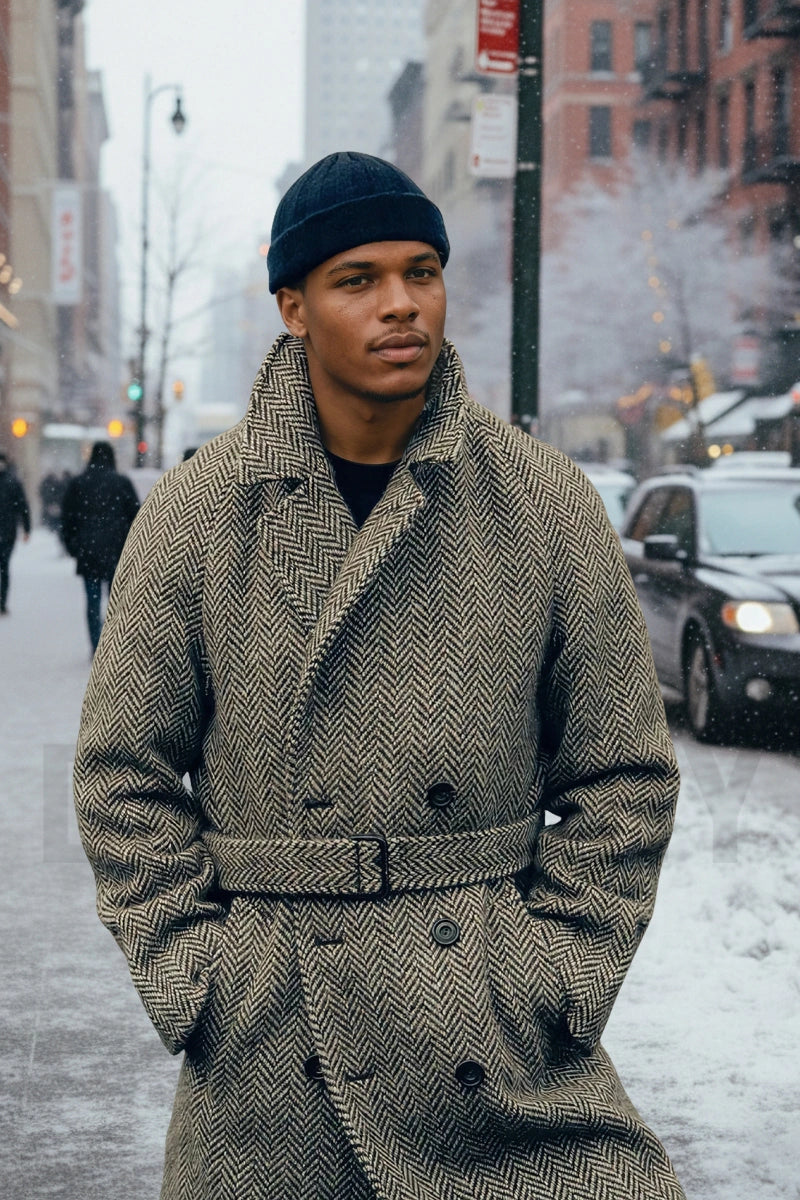 Grey tweed winter wear overcoat for men -Front