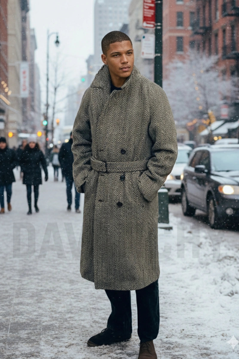 Men grey herringbone wool double-breasted overcoat -Front