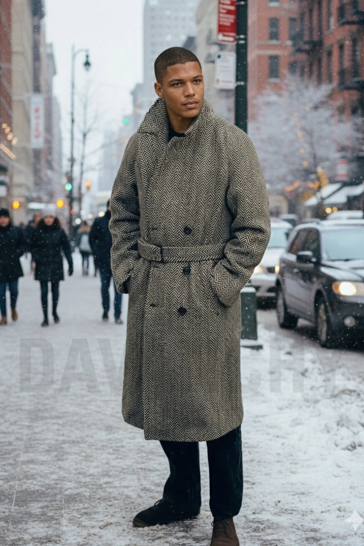 Men grey herringbone wool double-breasted overcoat -Front