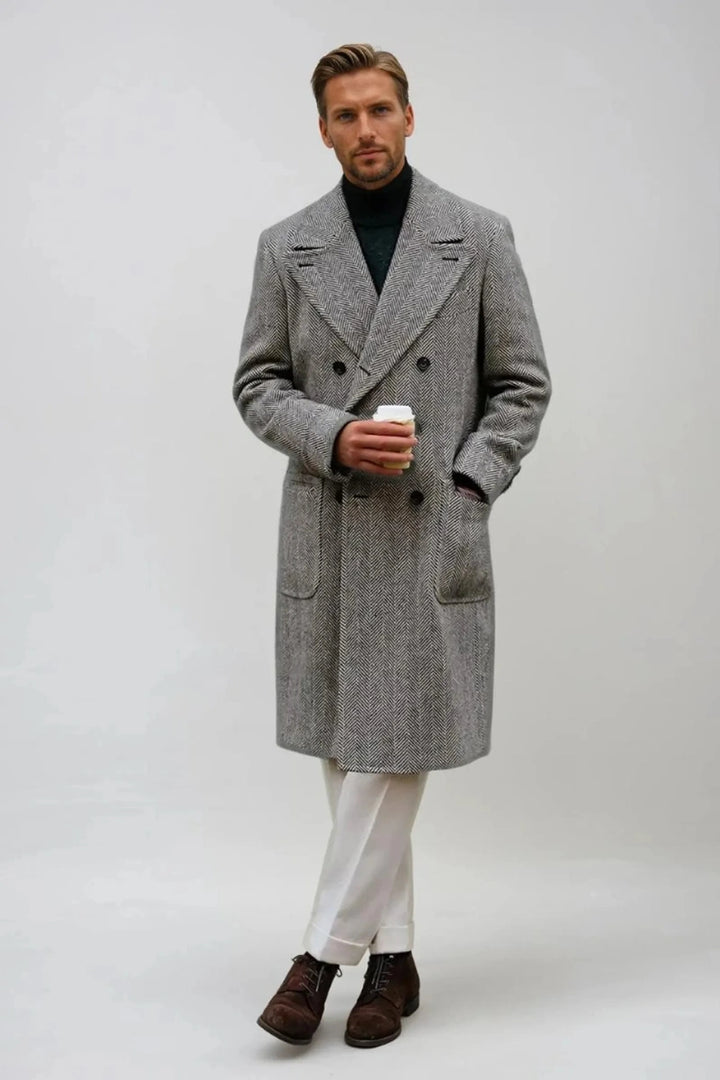 Stylish herringbone tweed overcoat for men-Front