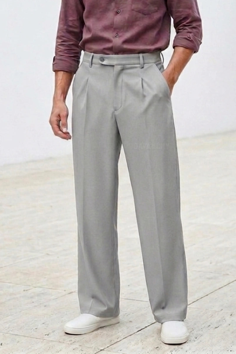 Grey Mid-Waist Pleated Pants