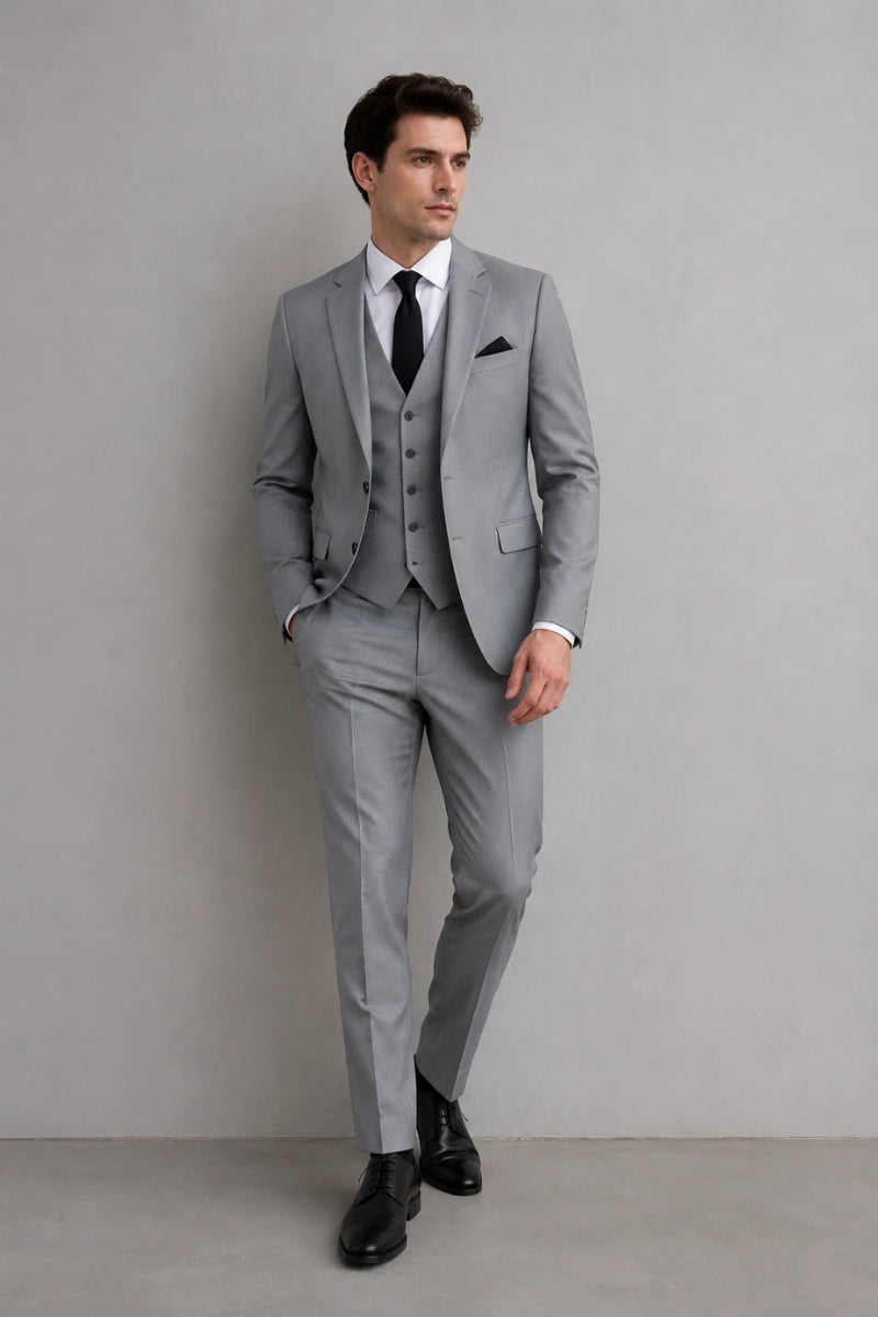 Stylish mens grey three-piece suit with perfect fit-Front