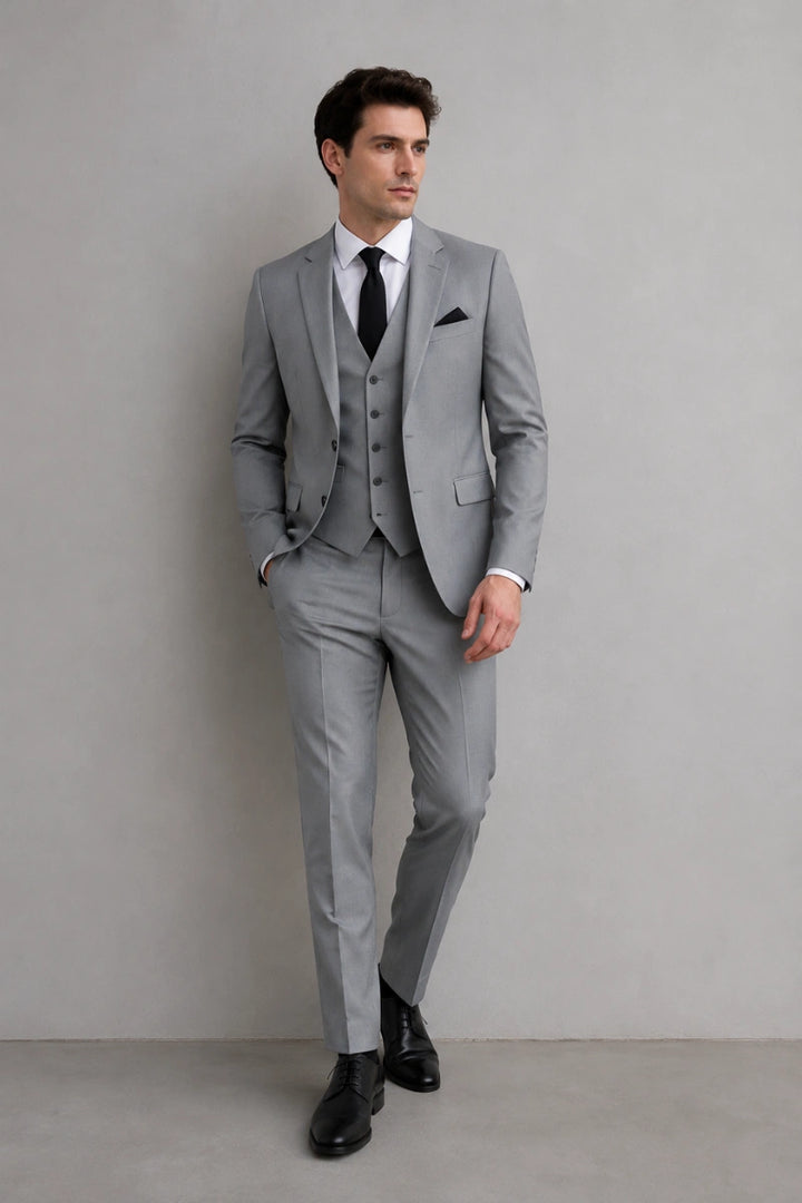 Stylish mens grey three-piece suit with perfect fit-Front