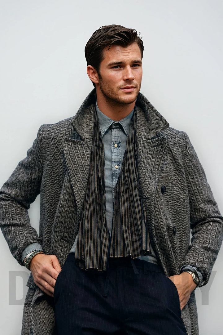 Men’s grey herringbone tweed long overcoat-Front