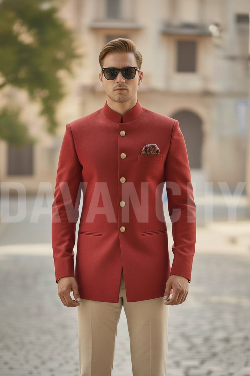 Men Premium Red Jodhpuri Suit Wedding Ethnic Wear-Front