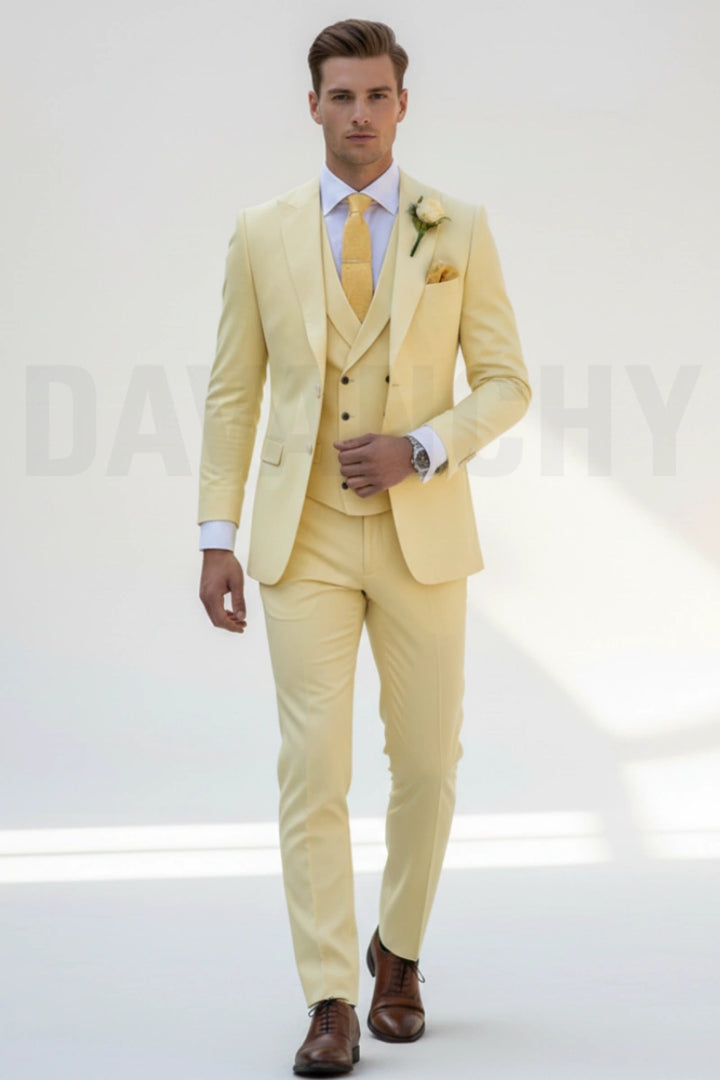 Men lemon yellow three piece suit-Front