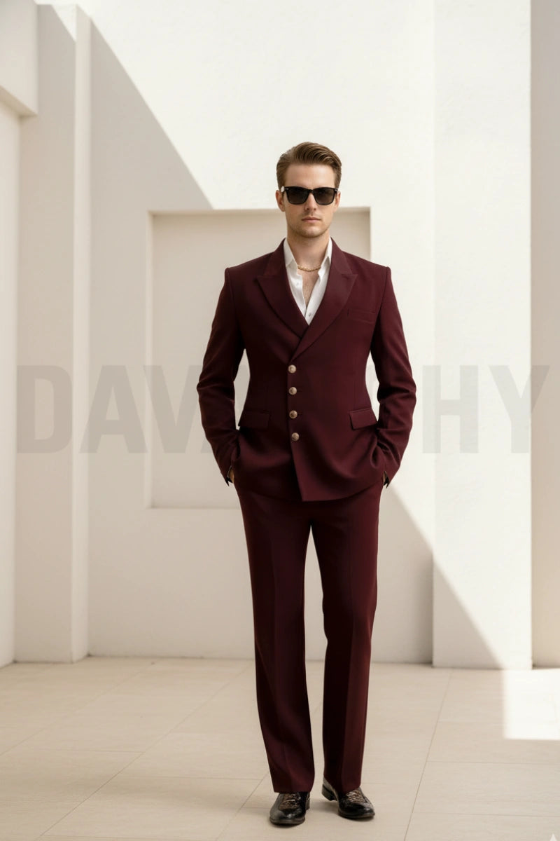Stylish men’s wine two piece suit for cocktail parties wear-Front
