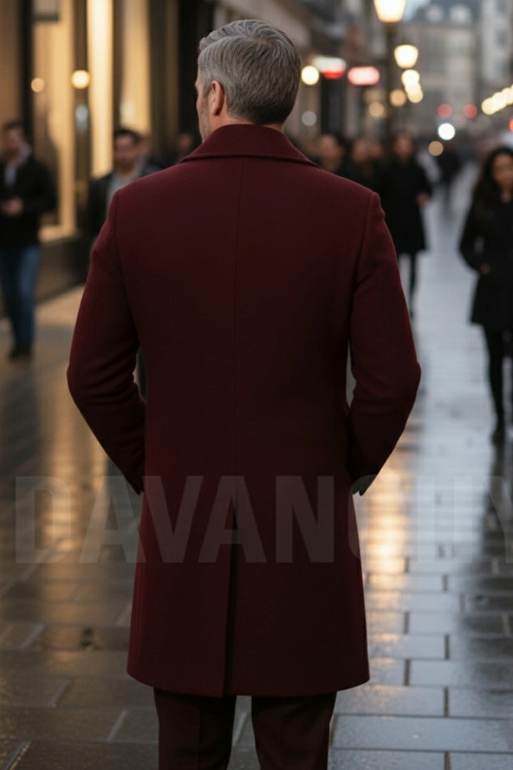 Men wearing maroon wool overcoat for formal winter occasion-back
