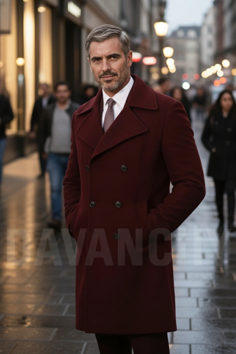 Double breasted maroon long coat for men-front