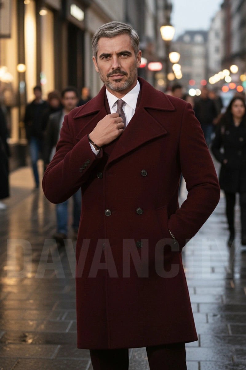 Maroon wool trench coat with peak lapel collar for men-front