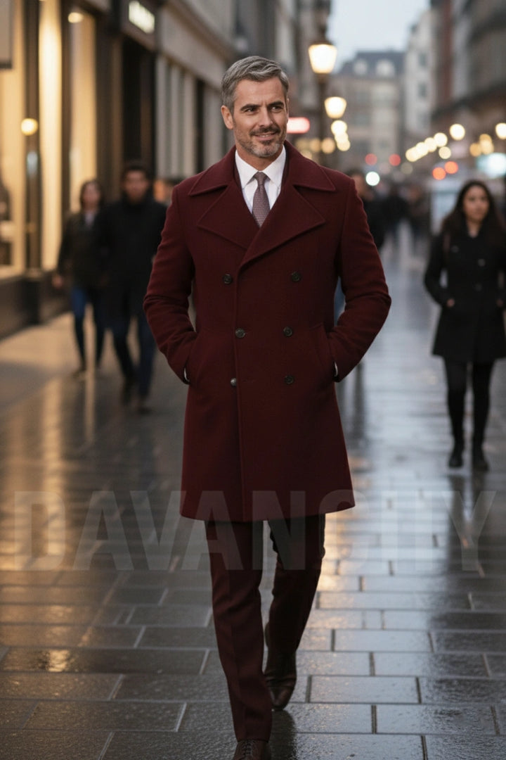 Men maroon tweed double-breasted overcoat- front 
