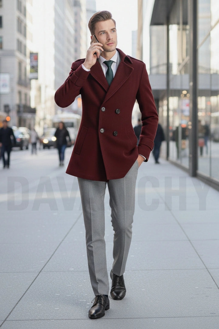 Men Maroon Pea Coat-Front