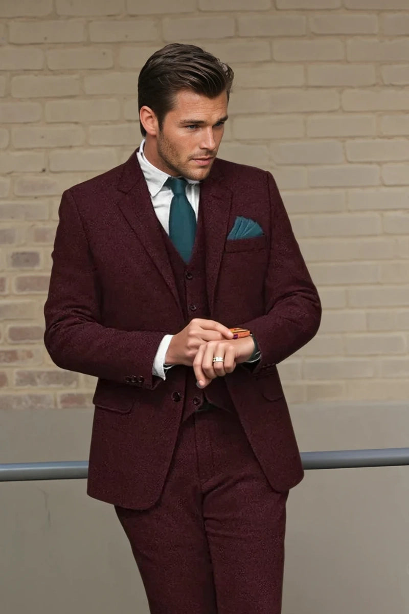 Elegant maroon tweed men’s suit-Front