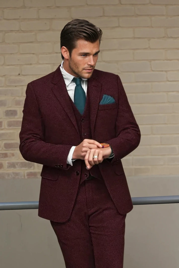 Elegant maroon tweed men’s suit-Front