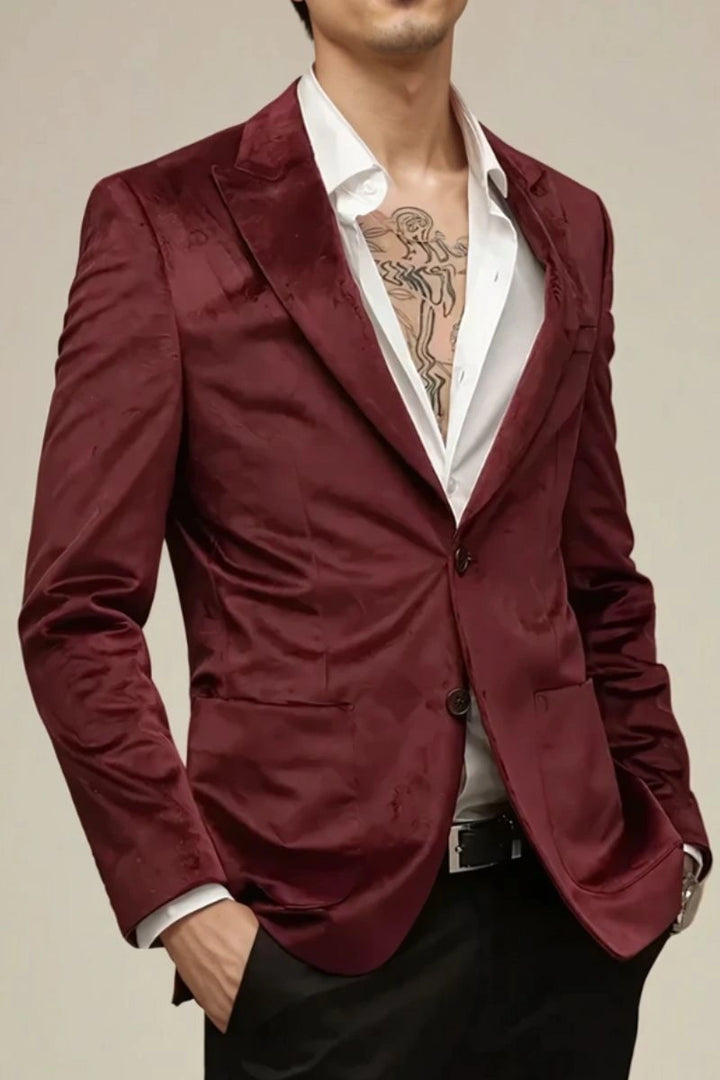 Wine Velvet Blazer for Weddings and Formal Events Wear-Front
