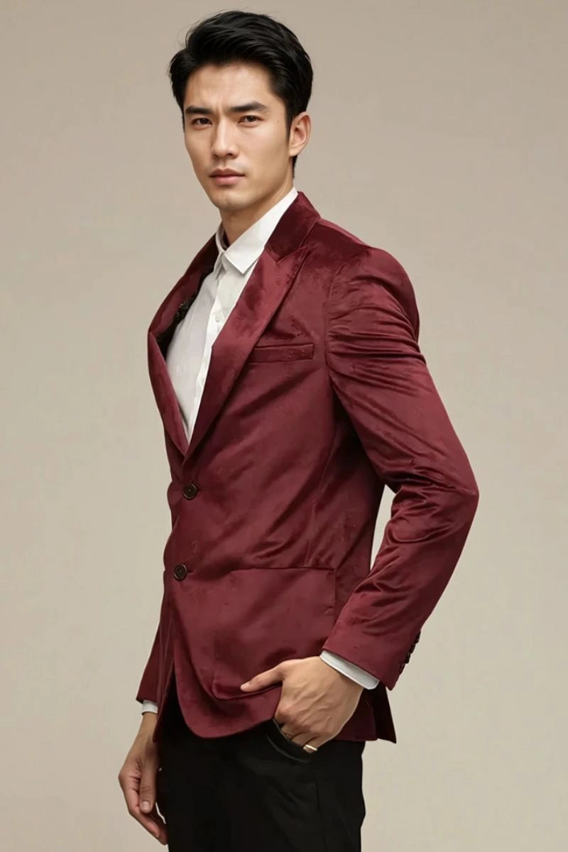 Mens Wine Velvet Blazer – Tailored Fit-Side