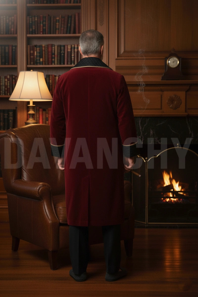 Maroon velvet smoking jacket with quilted shawl collar-Back