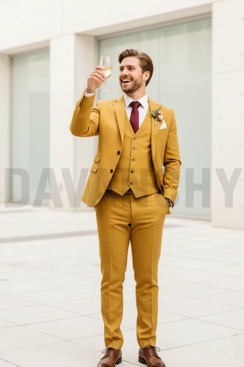 Men mustard yellow three piece suit-Front
