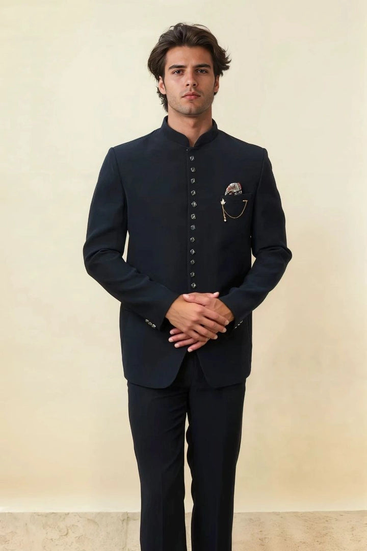 Men Navy Blue Bandhgala Jodhpuri Suit Formal Two Piece Suit Wedding Suit Bespoke Custom Suit