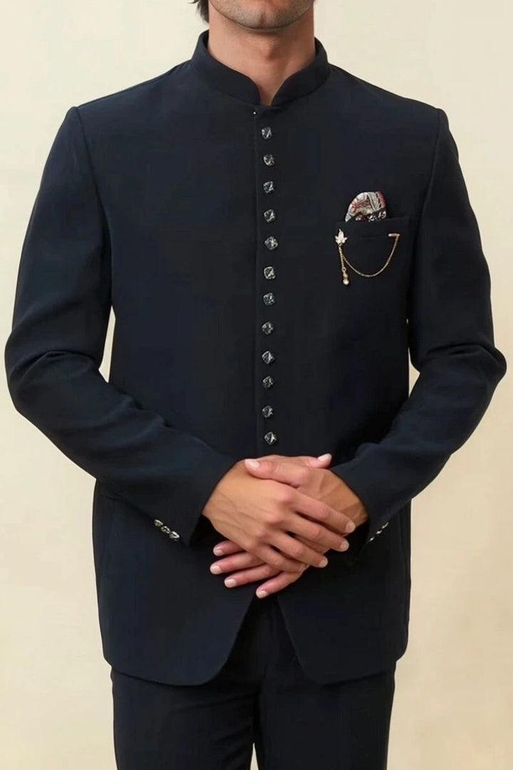 Men Navy Blue Bandhgala Jodhpuri Suit Formal Two Piece Suit Wedding Suit Bespoke Custom Suit