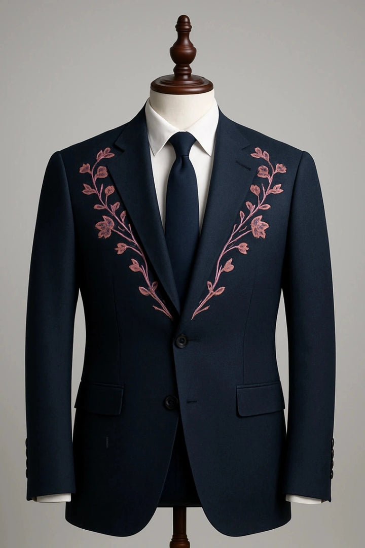 Men navy embroidered dinner blazer, custom wedding jacket-Front