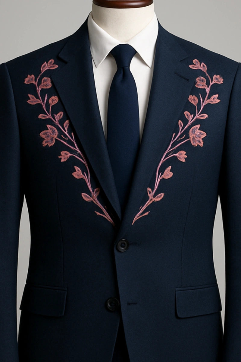 Custom men’s designer navy blazer with floral embroidery-Front