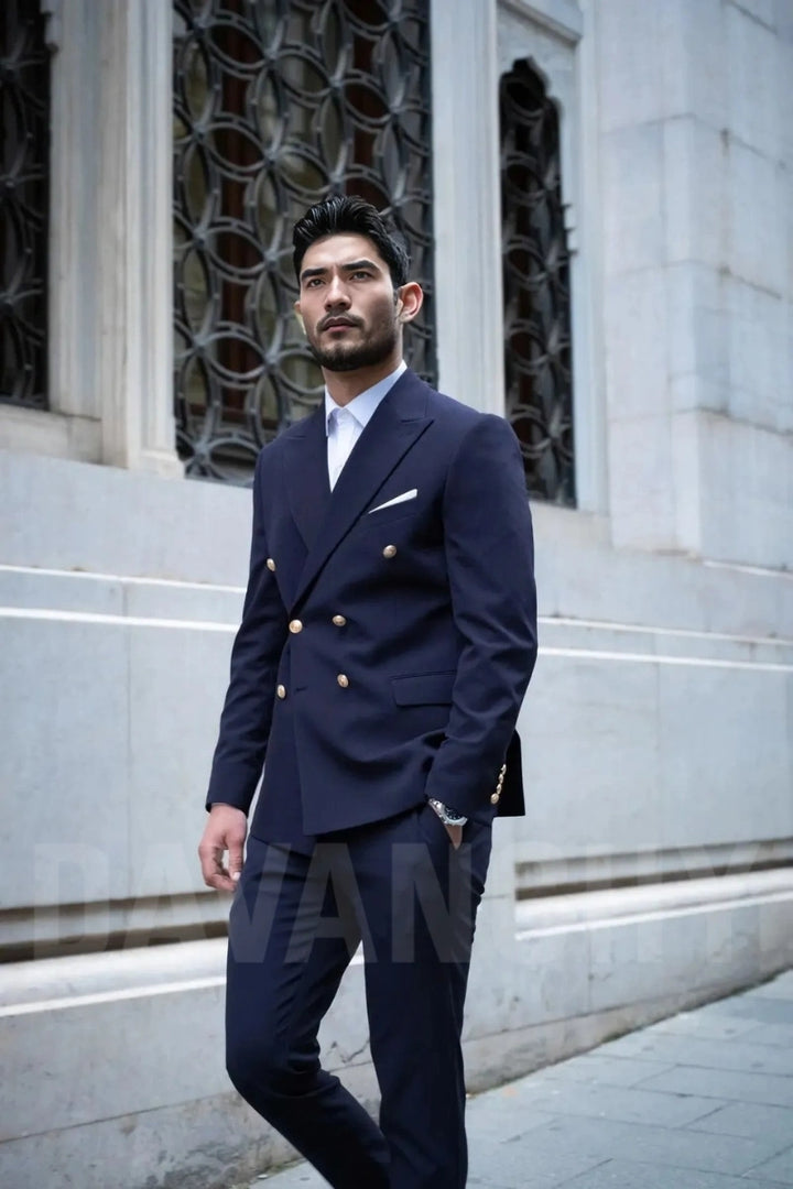 Double breasted navy blue blazer with matching trouser set-Front