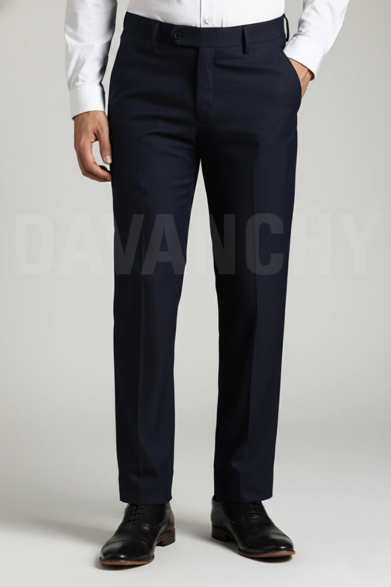 Men Navy Blue Formal Trouser-Front