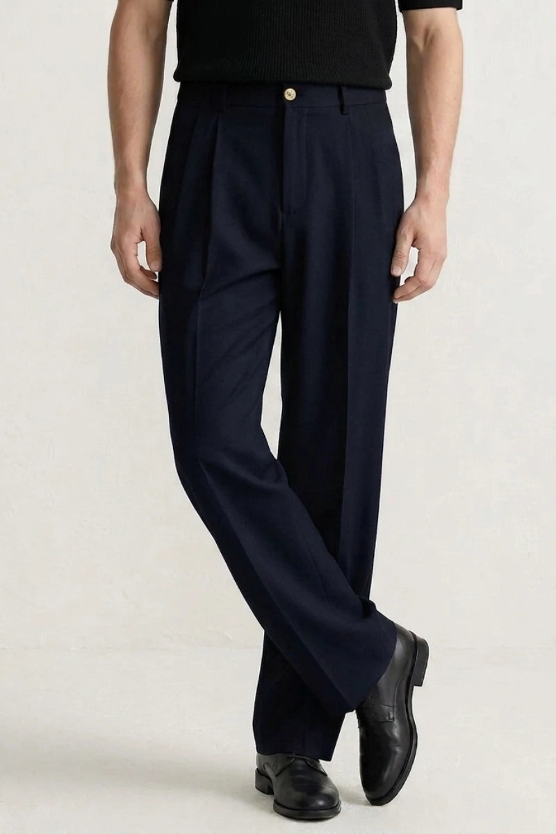 Men's Navy Blue Pleated Trousers (Front) 