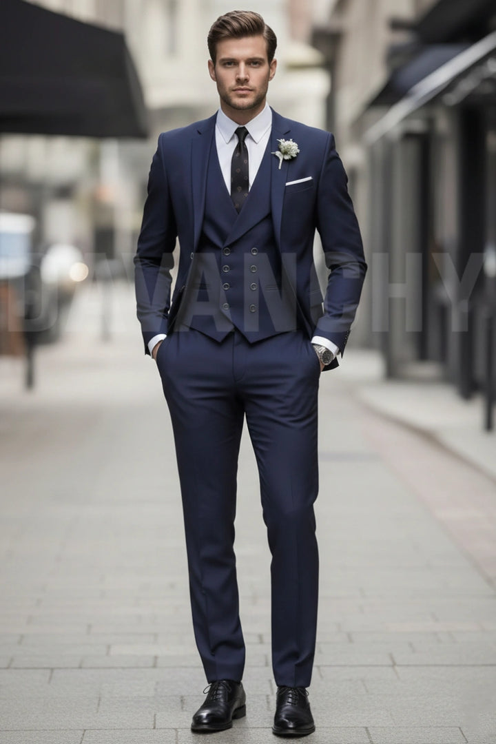 Men navy blue three piece formal suit-Front