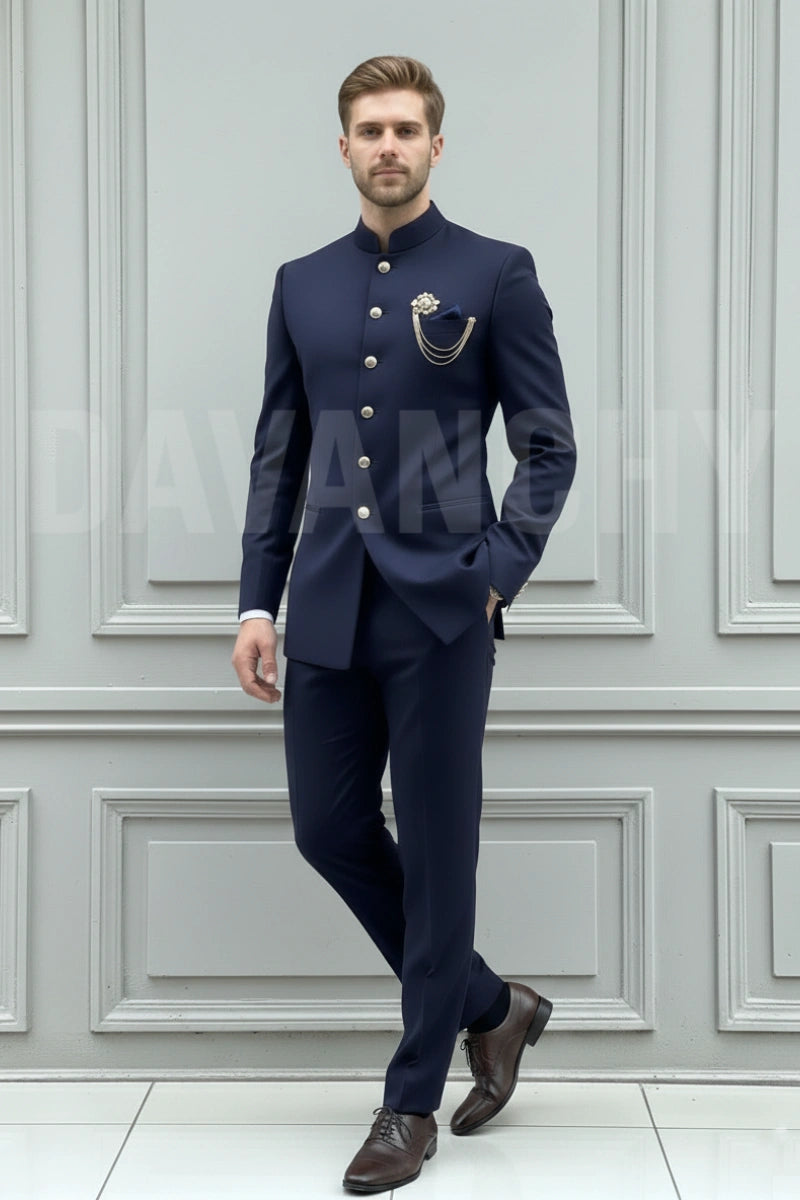 Men navy blue jodhpuri suit-Front