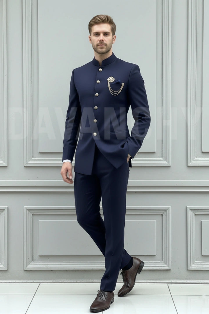 Men navy blue jodhpuri suit-Front