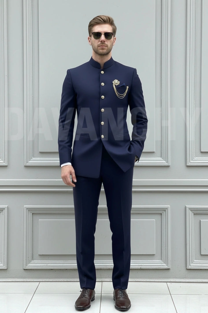 Groom navy indo western suit-Front