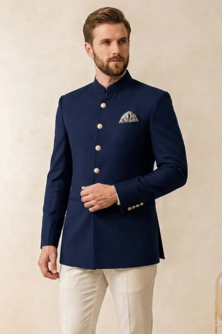 Navy Blue Bandhgala Jacket For Men&