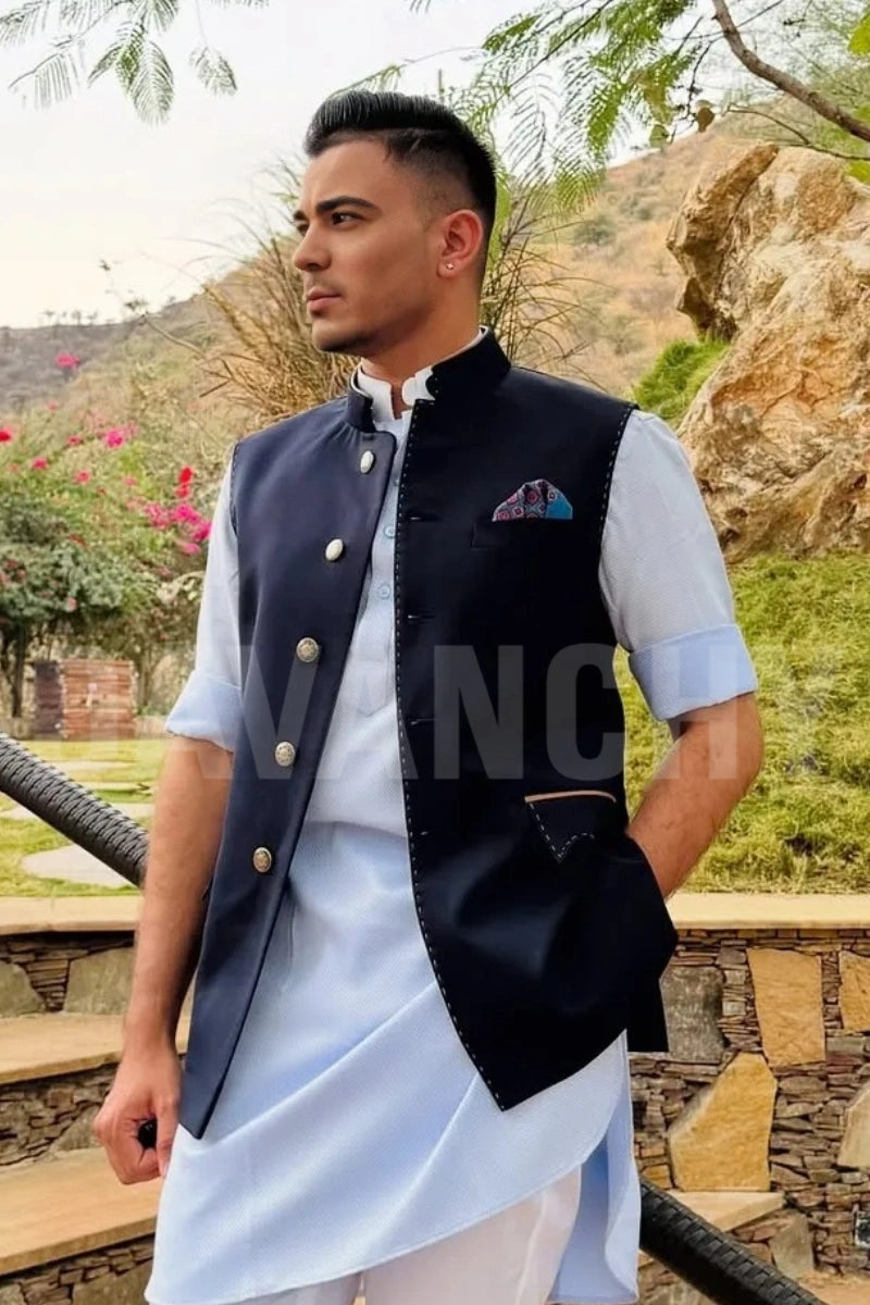 Traditional navy blue nehru style jacket-Side