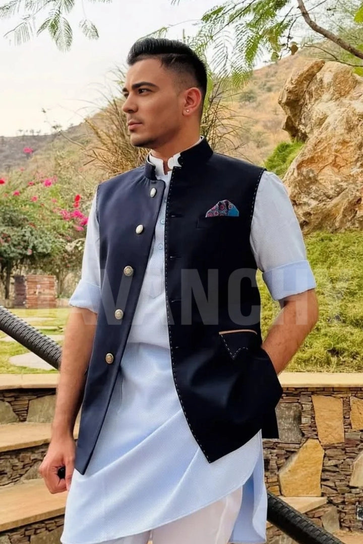 Traditional navy blue nehru style jacket-Side