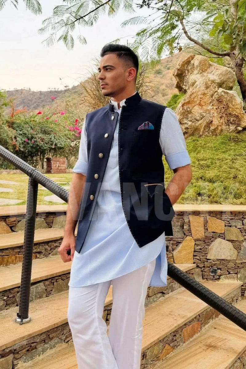 Men navy blue jodhpuri jacket-Front