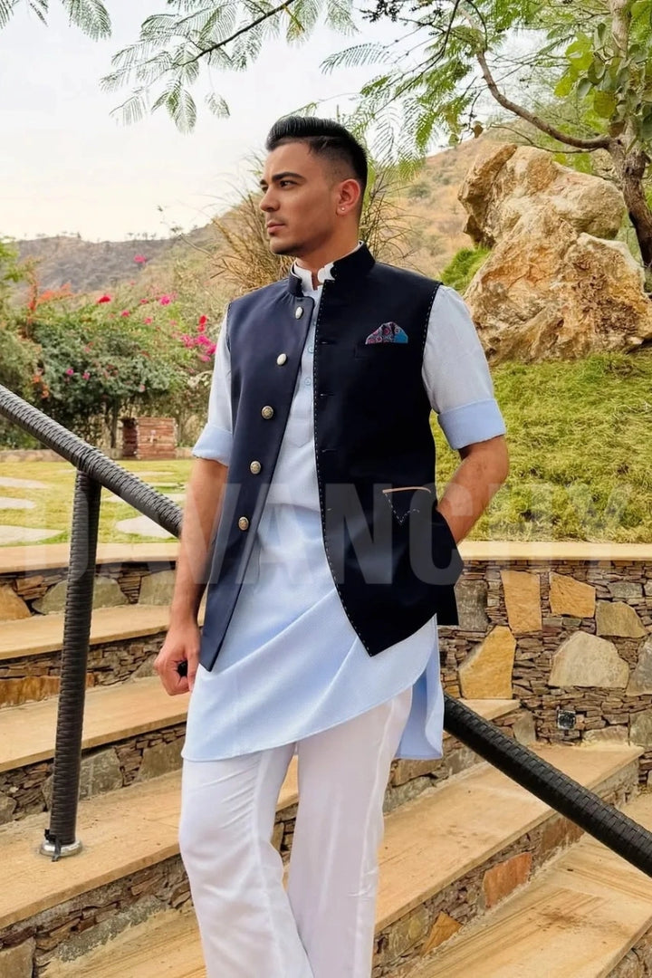 Men navy blue jodhpuri jacket-Front