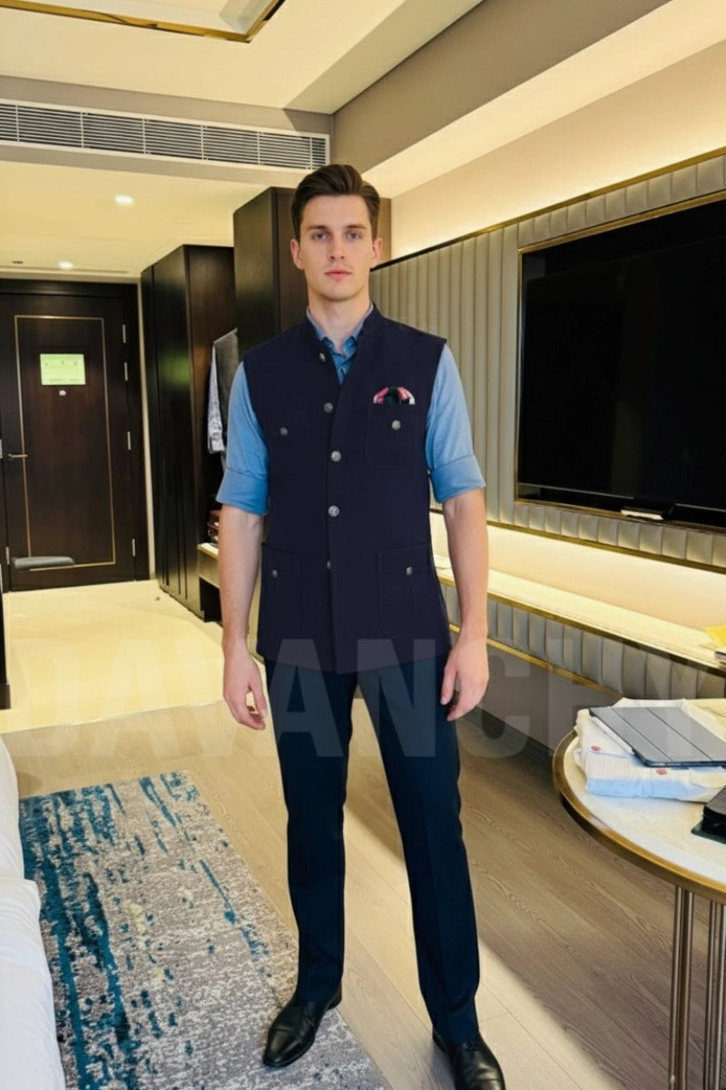 Men Navy Blue Bandhgala Nehru Jacket-Front