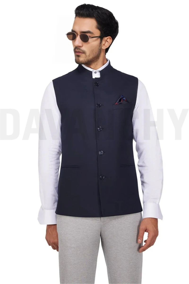 Men navy blue nehru jacket with mandarin collar-Front