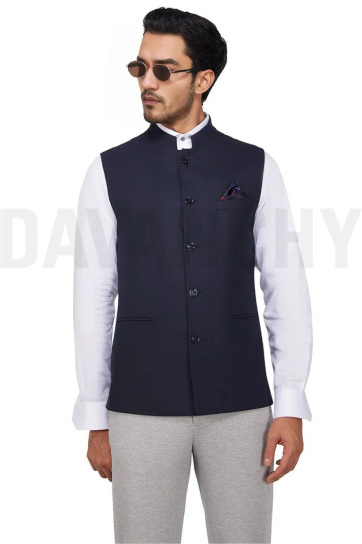 Men navy blue nehru jacket with mandarin collar-Front
