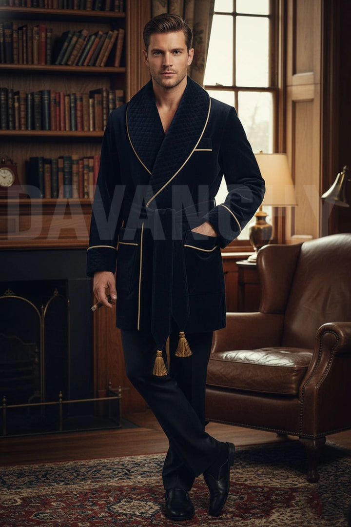 Men Navy Blue Smoking Jacket-Front