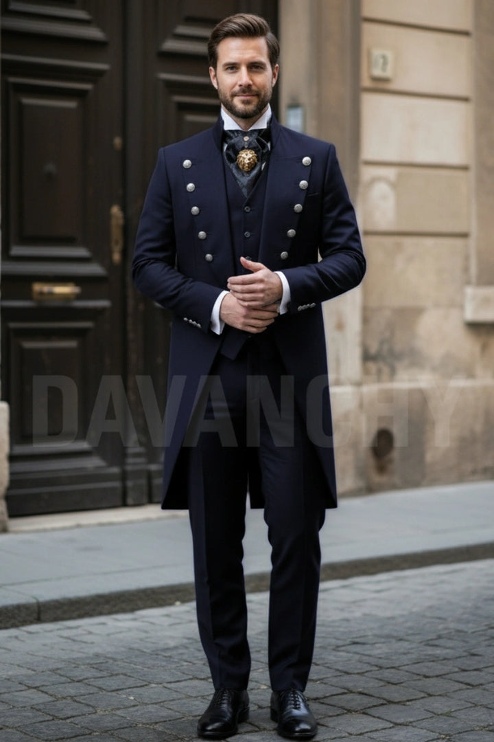 Mens Navy Blue Tailcoat Three Piece Suit-Front